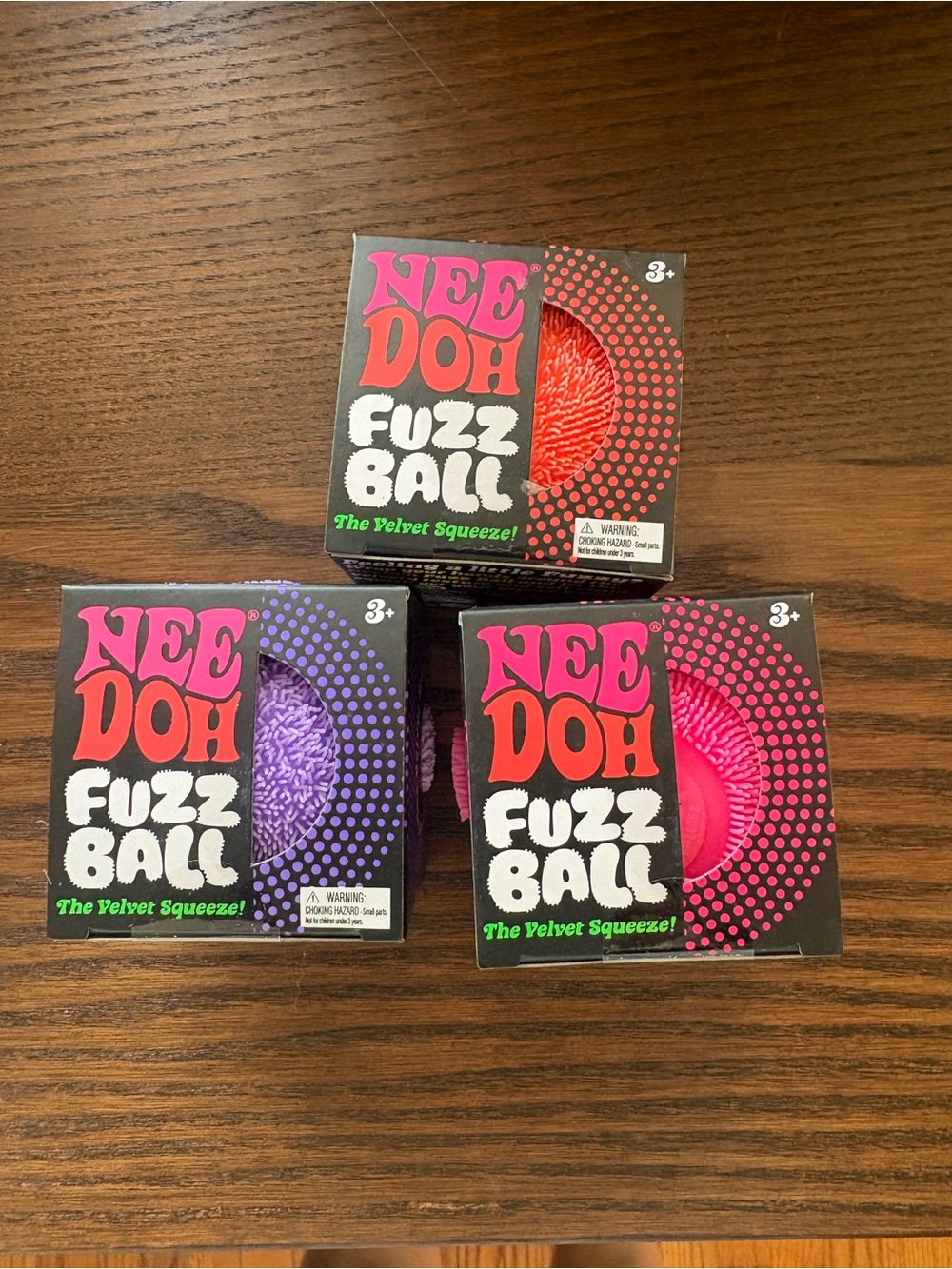 NWT Pack of 3 NeeDoh Fuzz Ball Squeeze Toy Pink, Purple, Red